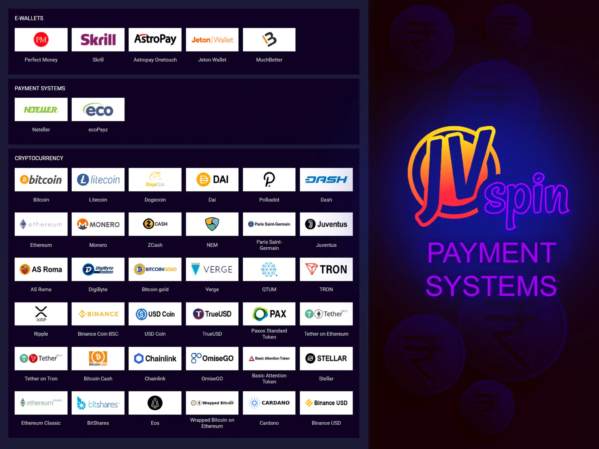 Here is a list of payment systems to which you can withdraw winnings from the JVSpin Casino account.
